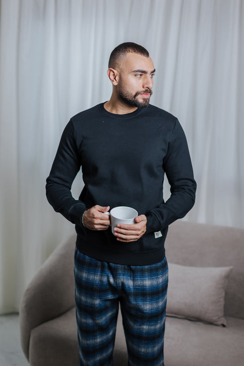 Men Winter Pajama Set Black T-shirt + Grey x Off-white Checkered Pants